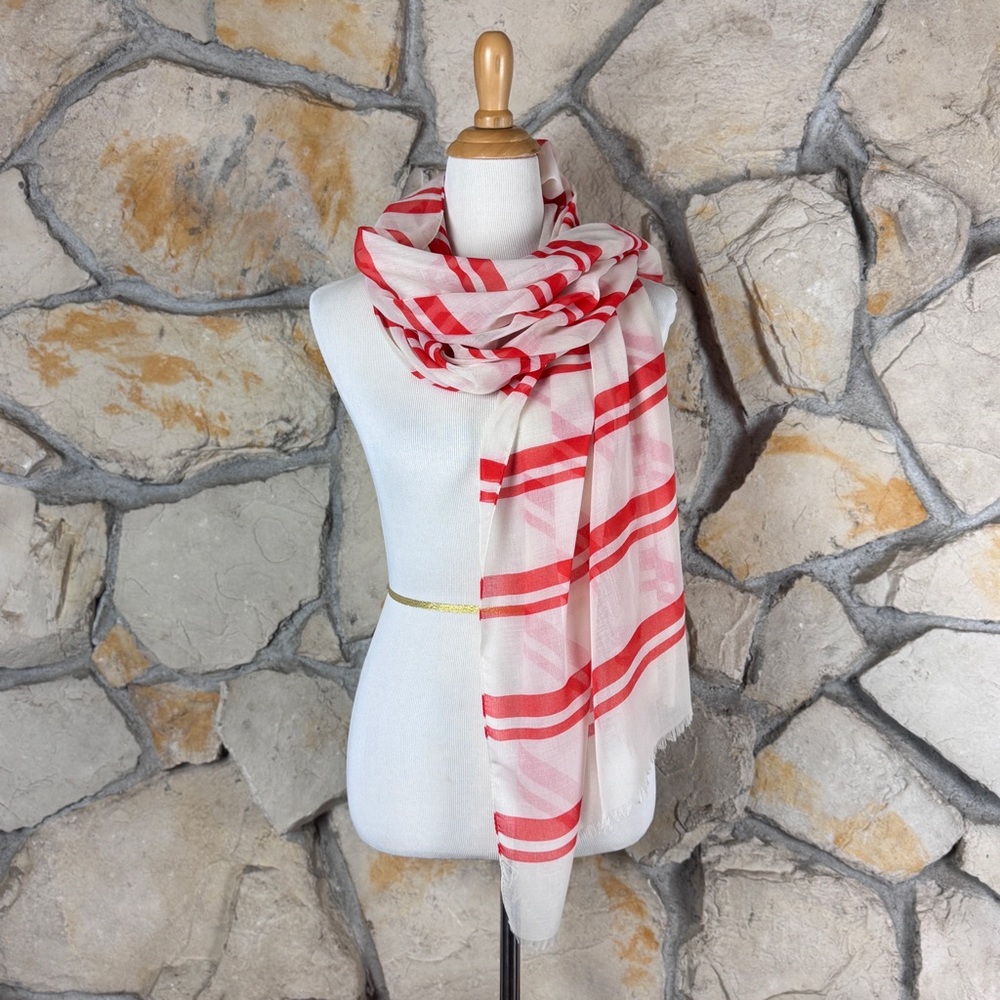 Ann Taylor Fringed Scarf Ivory & Tangerine Orange Stripe | 68”
